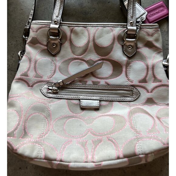 Coach Daisy Signature Metallic Outline Tote Shoulder Bag Hobo Purse Sateen PINK - Picture 11 of 16